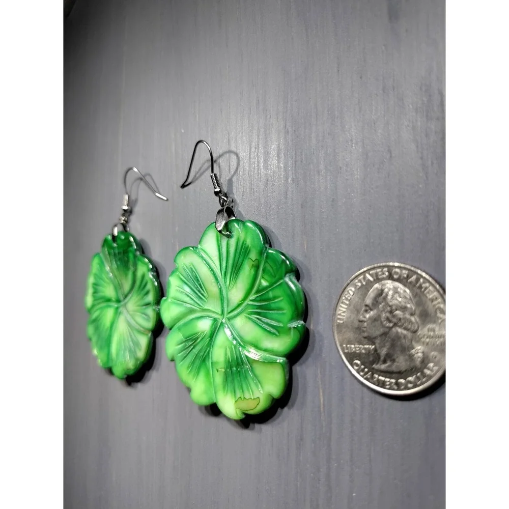 TrailerSpark Green Mother of Pearl Hibiscus Flower Carved Dangle Earrings